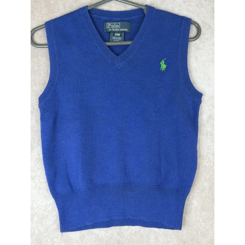 Vintage‎ Polo Ralph Lauren Sweater Vest Toddler 24M Blue V-Neck Cotton Knit Pony